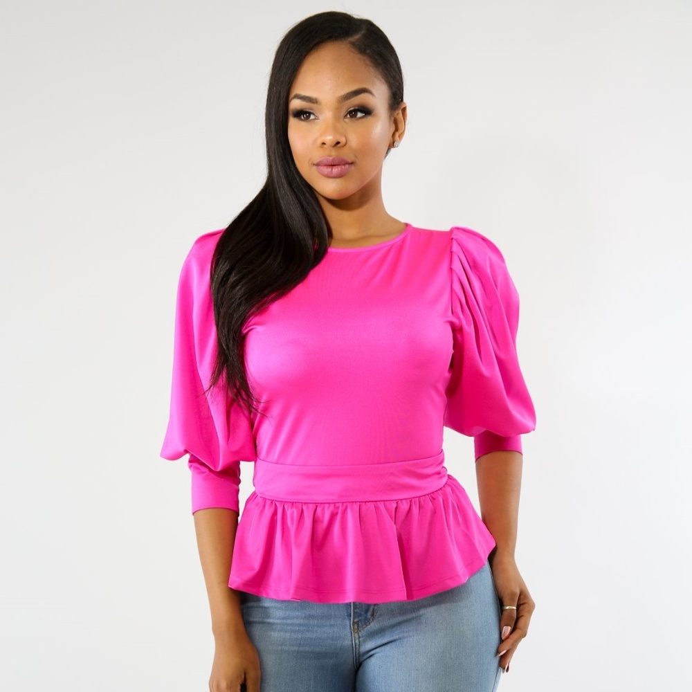 NWOT Fuchsia Stretchy Peplum Balloon Sleeve Top-S